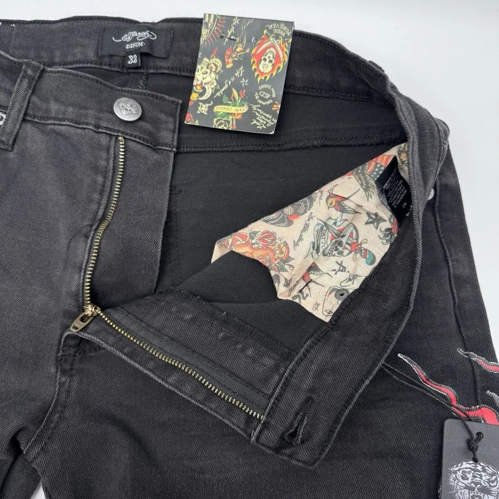 Ed Hardy Men's Bootcut Black Denim Jeans Embroidered Dragon Logo 5-Pocket sz 32